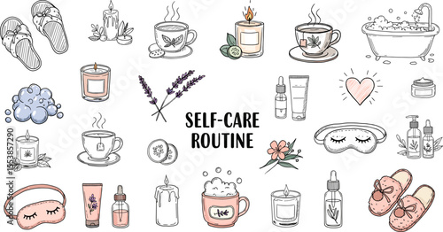 Self-care routine, relaxing mood, hand-drawn doodle collection