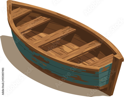 Wooden rowboat with teal paint and brown wood texture casting shadow vector illustration 
