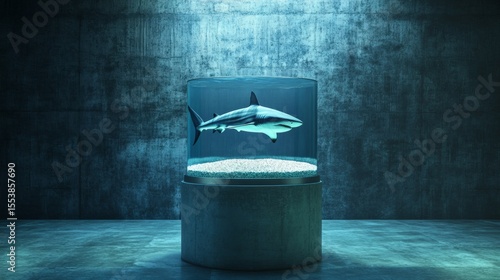 A tank on a pedestal with a shark inside, visually trapped concept, growth restriction generative ai