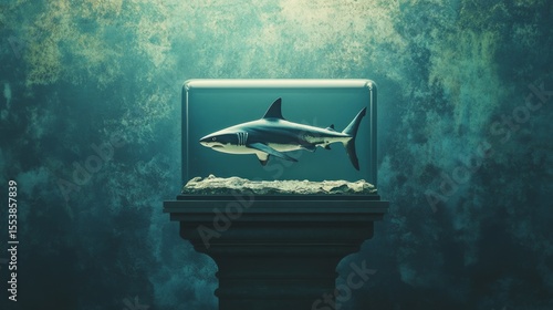 A tank on a pedestal with a shark inside, visually trapped concept, growth restriction generative ai