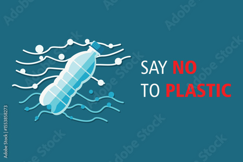 Say No to Plastic Bottle Pollution Illustration. Creative environmental vector showing plastic waste and “Say No to Plastic” message. Ideal for eco-campaigns and print use