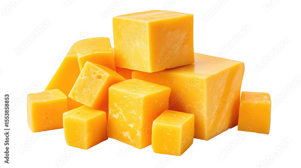Various sizes of cheddar cheese cubes are displayed on a transparent background, highlighting their vibrant yellow color and smooth texture for use in culinary contexts or creative designs. Various sizes of cheddar cheese cubes are displayed on a transparent background, highlighting their vibrant yellow color and smooth texture for use in culinary contexts or creative designs.
