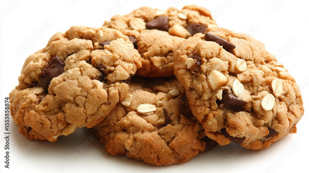 Freshly baked cookies with oats and chocolate chunks create a tempting treat, ideal for food blogs, recipes, baking workshops, or dessert menus, Their inviting appearance enhances culinary visuals, Freshly baked cookies with oats and chocolate chunks create a tempting treat, ideal for food blogs, recipes, baking workshops, or dessert menus, Their inviting appearance enhances culinary visuals,