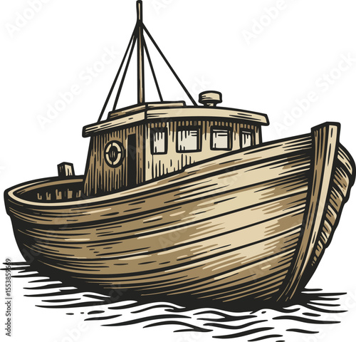 Wooden fishing boat illustration in vintage style on water surface with cabin and mast vector art 