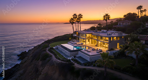 Luxurious beachfront mansion at sunset, overlooking the Pacific Ocean.  Modern architecture, infinity pool, palm trees.