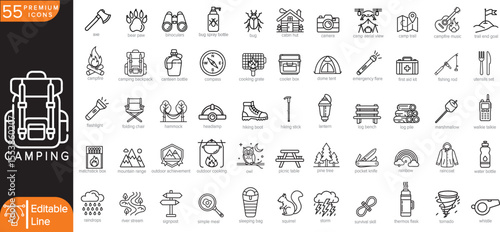 55 Vector Icons of Camping – Minimal Clean Line Icons of Outdoor Gear, Activities, Survival Tools, Nature, and Camp Life for UI, Infographics, Adventure Design, or Stock Illustration Use