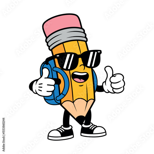 Funny Pencil Character with Sunglasses and Thumbs Up Pose