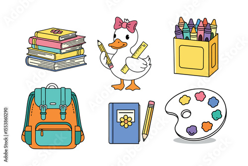 Back to School Essentials with Books Backpack Duck and Art Supplies