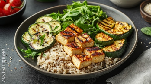 Balanced plate with tofu, grilled zucchini, and brown rice, protein and greens concept generative ai