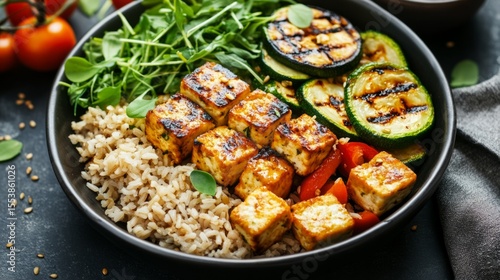 Balanced plate with tofu, grilled zucchini, and brown rice, protein and greens concept generative ai