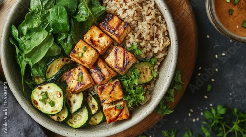 Balanced plate with tofu, grilled zucchini, and brown rice, protein and greens concept generative ai