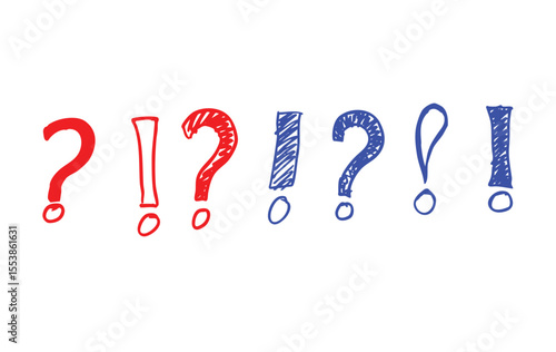 Hand-Drawn Red & Blue Question and Exclamation Marks PNG - Sketch Symbols, Doodle Punctuation Set, pencil marker doodle