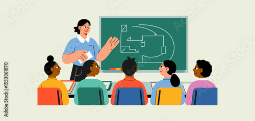 teacher explaining a diagram to diverse students in a classroom, vector illustration for classroom learning, higher education and knowledge transfer
