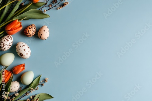 Colorful Spring Flowers and Decorative Eggs Arranged on a Pastel Blue Backgro...