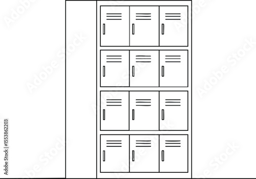 School locker storage unit with multiple compartments in simple black outline vector illustration 
