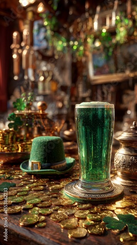 Festive Green Beer Served on a Bar With Gold Coins and St. Patricks Day Decor...