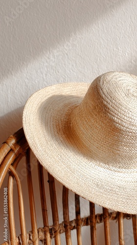Straw Hat Resting on a Wooden Chair in a Sunlit Corner of a Cozy Room