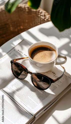 Warm Coffee Beside an Open Book With Sunglasses on a Sunny Table Adorned With...