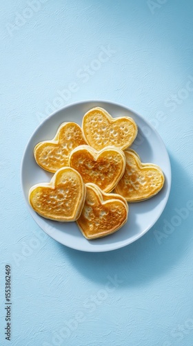 Heart-shaped Waffles Served on a Light Blue Plate for Breakfast or Brunch Enj...