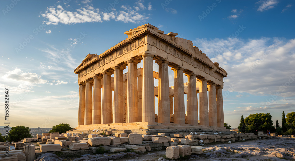Obraz premium The Parthenon stands majestically against a blue sky with scattered clouds, surrounded by ancient ruins.