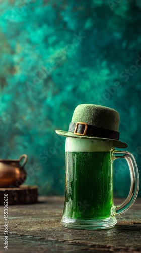 Green Beer With a Festive Hat Displayed on Wooden Table During Celebration