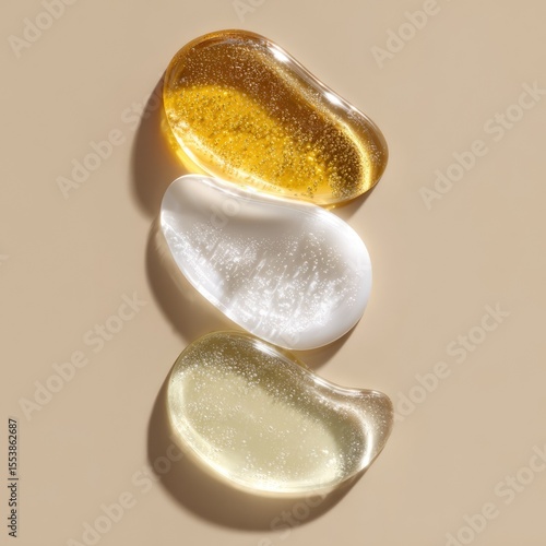 Hyper-realistic display of three gel-like textures on a neutral background showcasing beauty products in a studio setting
