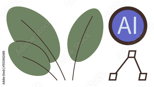 Green botanical leaves paired with AI symbol and decision tree, bridging nature with artificial intelligence. Ideal for sustainability, innovation, eco-friendly tech, machine learning, digital