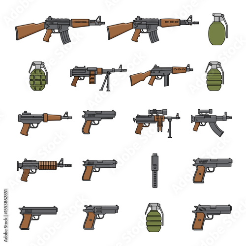 Military Weaponry Rifles, Pistols, and Grenades - A Comprehensive Collection of Illustrations