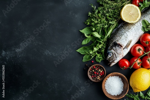 Fresh Ingredients Arranged for Cooking a Healthy Fish Dish With Herbs and Citrus