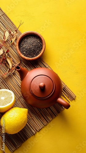 Relaxing Moment With Tea Preparation Using Teapot, Herbs, and Lemon on a Vibr...