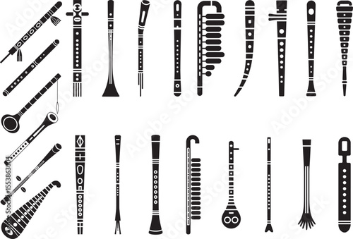 Collection of black and white wind instruments and string instruments flute clarinet