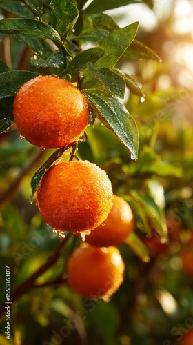 Fresh Oranges Glistening With Water Droplets on a Sunny Morning in an Orchard.