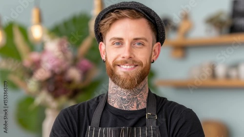 Blond man barista with tattoos in apron standing with crossed arms, smiling at camera in cafe background. Footage.