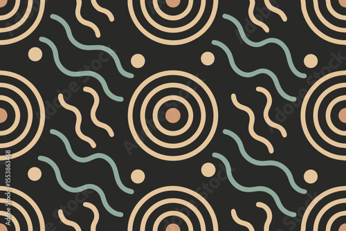 Seamless pattern with repeating beige circles wavy lines and dots on a dark background
