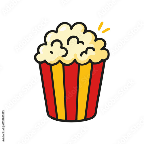 A hand drawn illustration shows a bucket of fluffy, yellow popcorn with red and yellow stripes on its container