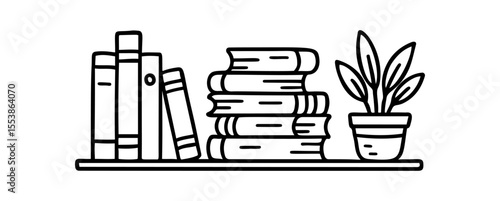 This illustration depicts a hand drawn bookshelf featuring books both stacked and standing upright, alongside a potted plant, using a simple line drawing style