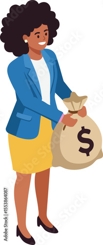 Businesswoman holding money bag with dollar sign financial success concept vector illustration 