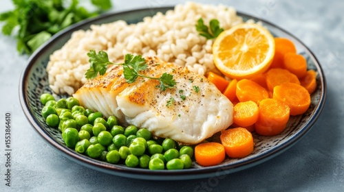 Colorful plate with baked fish, carrots, peas, and brown rice, nutrition concept generative ai