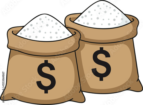 Bags of white sugar with dollar sign symbol representing money and trade illustration vector graphic 
