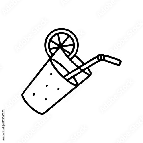 Hand drawn vector illustration of a refreshing glass with beverage. A straw and a lemon slice garnish the drink, ready for summertime enjoyment