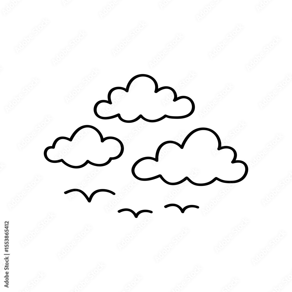 Three simple line art clouds floating in the sky with some birds flying underneath. The design is hand drawn and has a clean vector style Three simple line art clouds floating in the sky with some birds flying underneath. The design is hand drawn and has a clean vector style