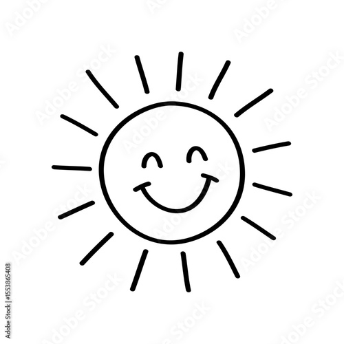 Smiling sun graphic with hand drawn line art. Sunshine icon represents a sunny day. Black lines on a white background