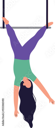 Woman performing aerial trapeze acrobatics hanging upside down with purple pants and green top vector illustration 