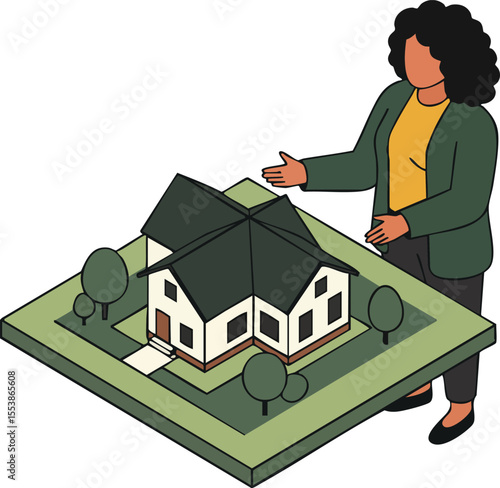 Woman presenting real estate property model with trees and yard in isometric view for sales or planning 
