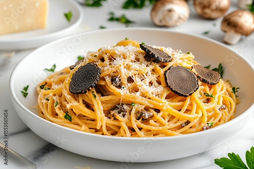 Delicious Spaghetti With Truffle and Parmesan Served on a White Plate With Fr...