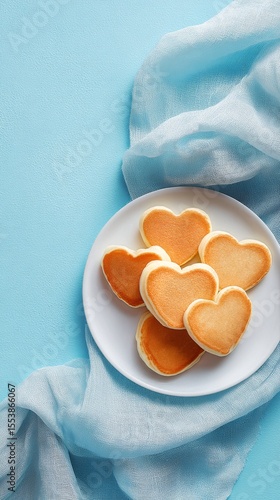 Heart-shaped Pancakes Served on a White Plate With a Cozy Fabric Backdrop.