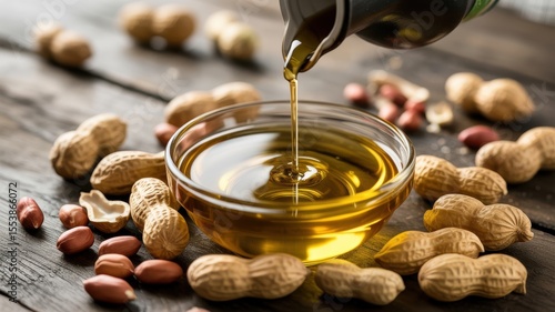 Golden peanut oil pouring into glass bowl amidst shelled and unshelled peanuts on rustic wooden table