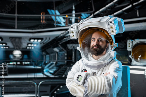 Portrait of astronaut researcher exploring deep space, carrying out research aboard spacecraft. Scientist wearing cosmonaut gear in spaceship gathering samples for scientific study