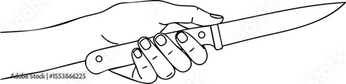 Hand holding kitchen knife with detailed grip and blade outline vector illustration