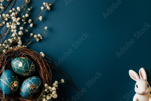 Cute Rabbit With Decorative Eggs Near Blooming Branches on a Blue Background ...